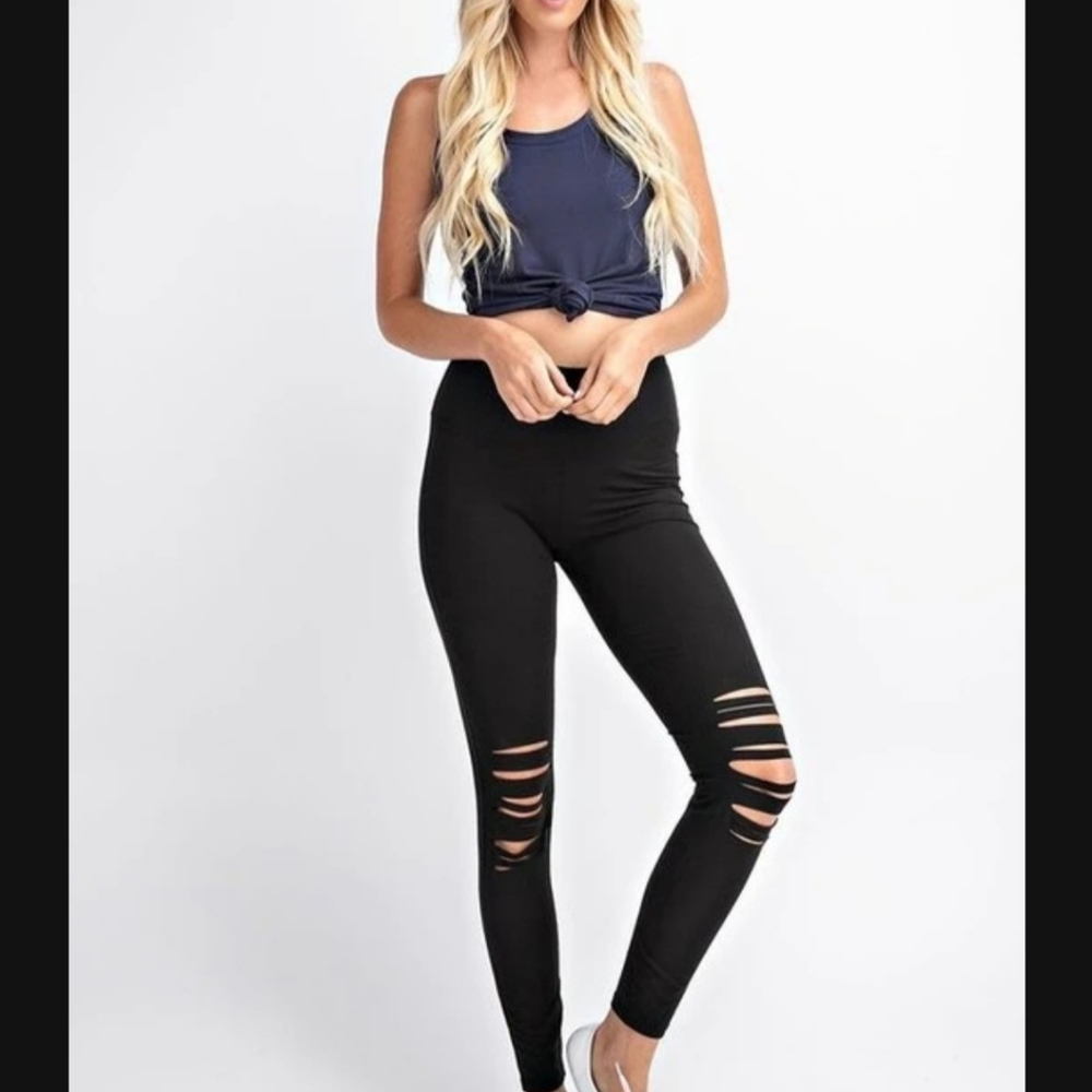 Black slit knee leggings